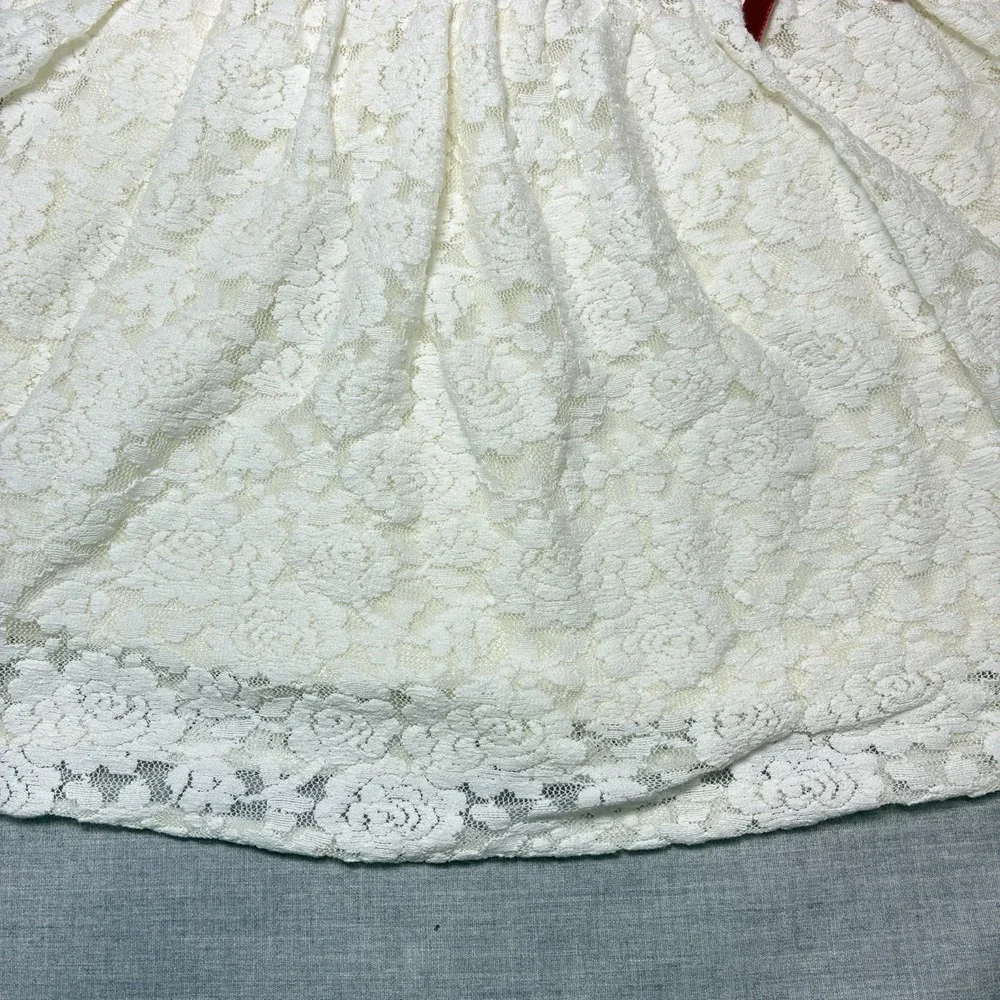 Janie and Jack Baby Girls Ivory Lace Long Sleeved Dress Red Bow 18-24 Months